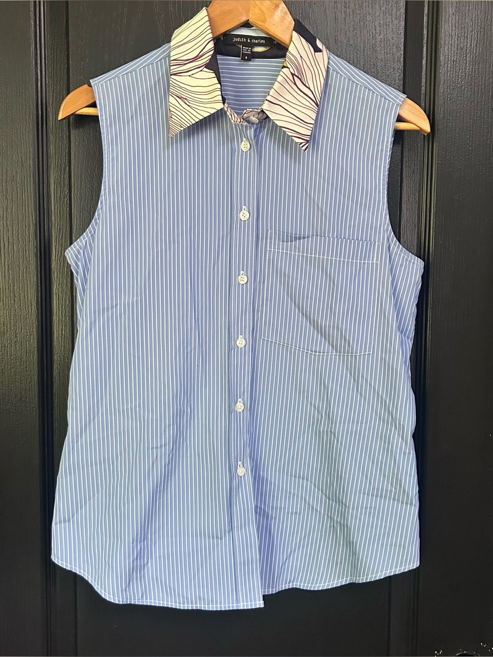 Judith & Charles Blue Stripe Shirt, Size 6, Blue, White, 100% Cotton, Sleeveless